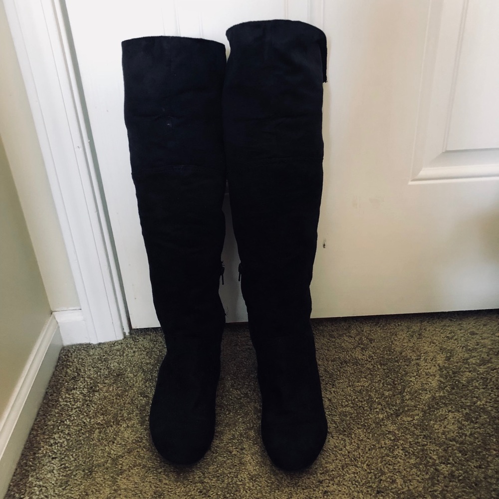 Black suede knee high boots